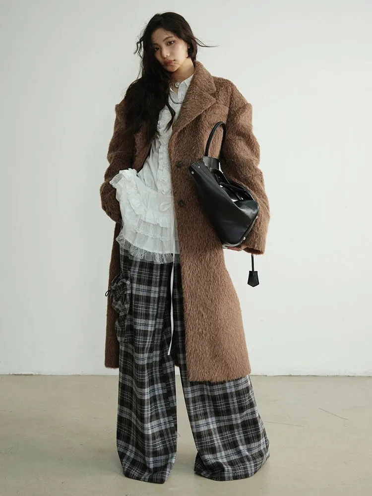 High-Waisted Plaid Trousers with Chic Drawstring Details