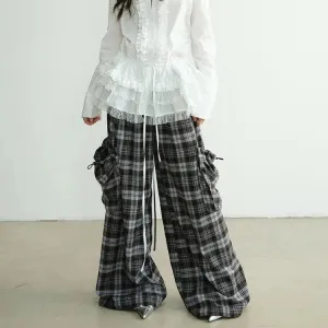 High-Waisted Plaid Trousers with Chic Drawstring Details