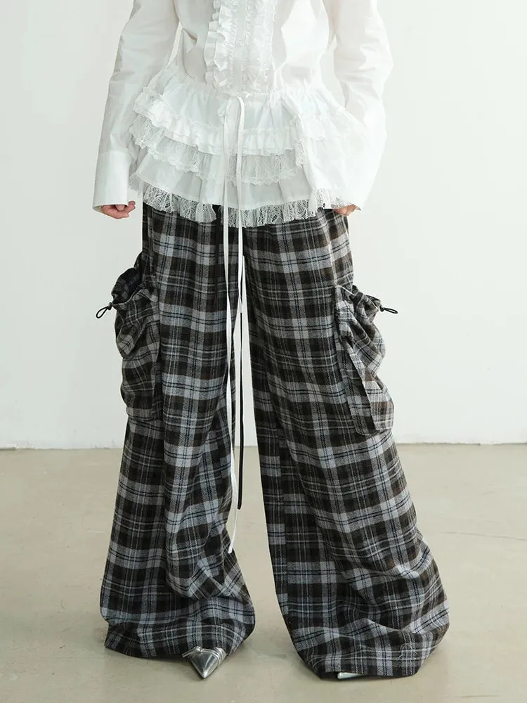 High-Waisted Plaid Trousers with Chic Drawstring Details