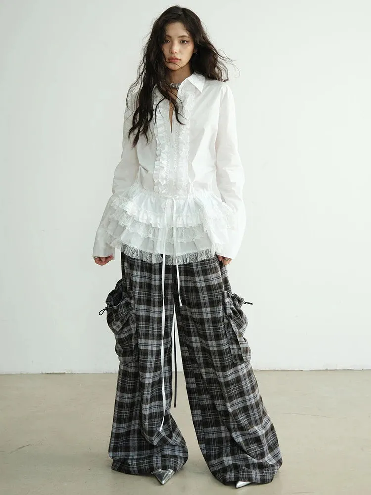 High-Waisted Plaid Trousers with Chic Drawstring Details