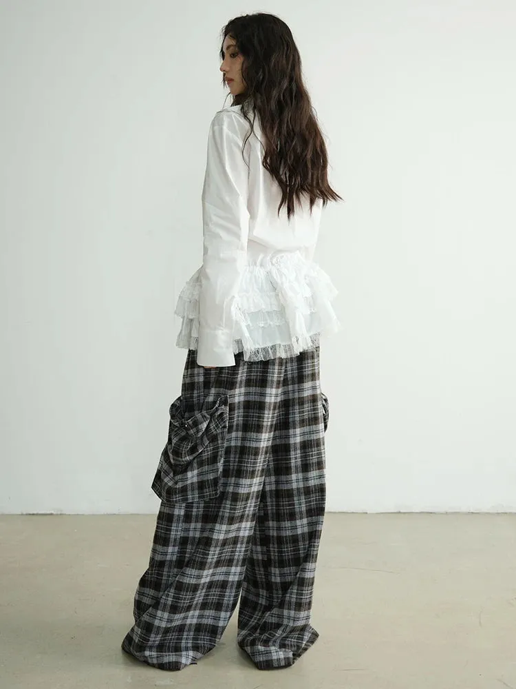 High-Waisted Plaid Trousers with Chic Drawstring Details