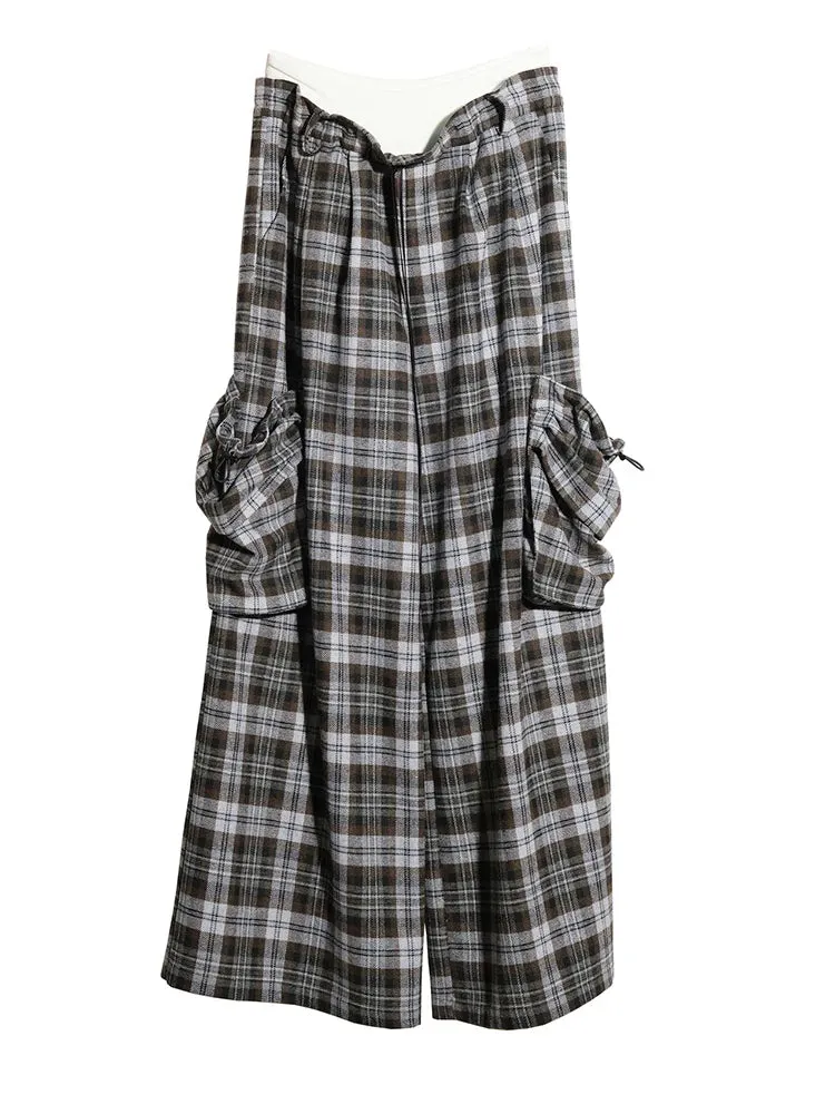 High-Waisted Plaid Trousers with Chic Drawstring Details