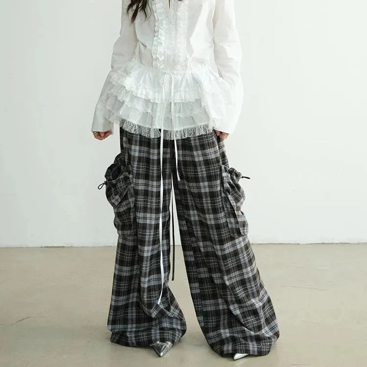 High-Waisted Plaid Trousers with Chic Drawstring Details