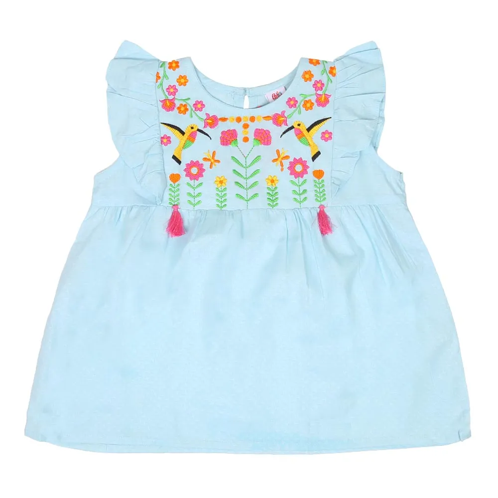 Infant Girls Embroided Top Exotic Bird - Blue | Bachaa Party Baby Clothes Girls Tops & T-Shirts