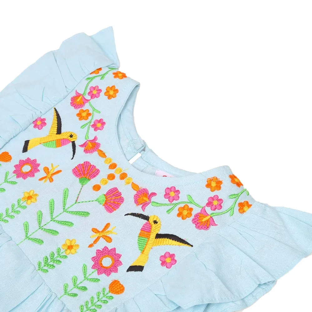 Infant Girls Embroided Top Exotic Bird - Blue | Bachaa Party Baby Clothes Girls Tops & T-Shirts