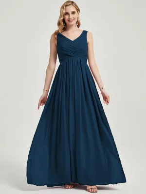 Ink Blue Empire V-Neck Sleeveless Floor Length Chiffon Bridesmaid Dress