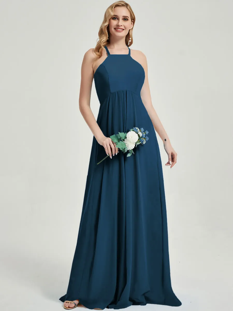 Ink Blue Halter Sleeveless Empire Pleated Backless Chiffon Bridesmaid Dress