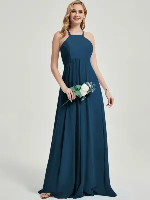 Ink Blue Halter Sleeveless Empire Pleated Backless Chiffon Bridesmaid Dress