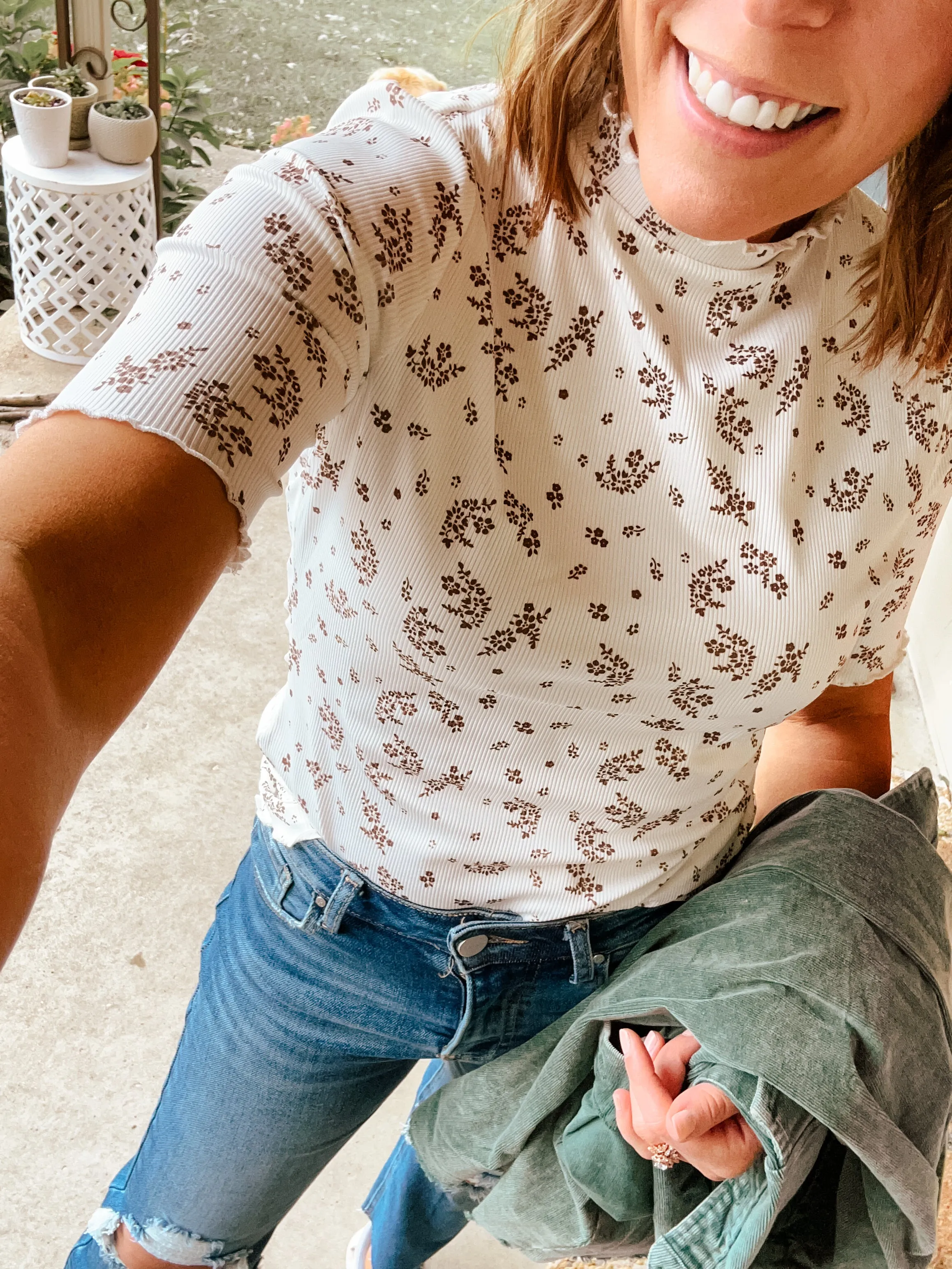 Ivory Floral Printed Rib Lettuce Edge Top