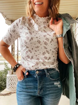 Ivory Floral Printed Rib Lettuce Edge Top