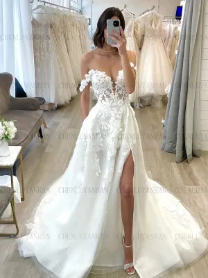 Ivory Wedding Dresses Applique Off-Shoulder Long Bride Dresses Side Split Dresses