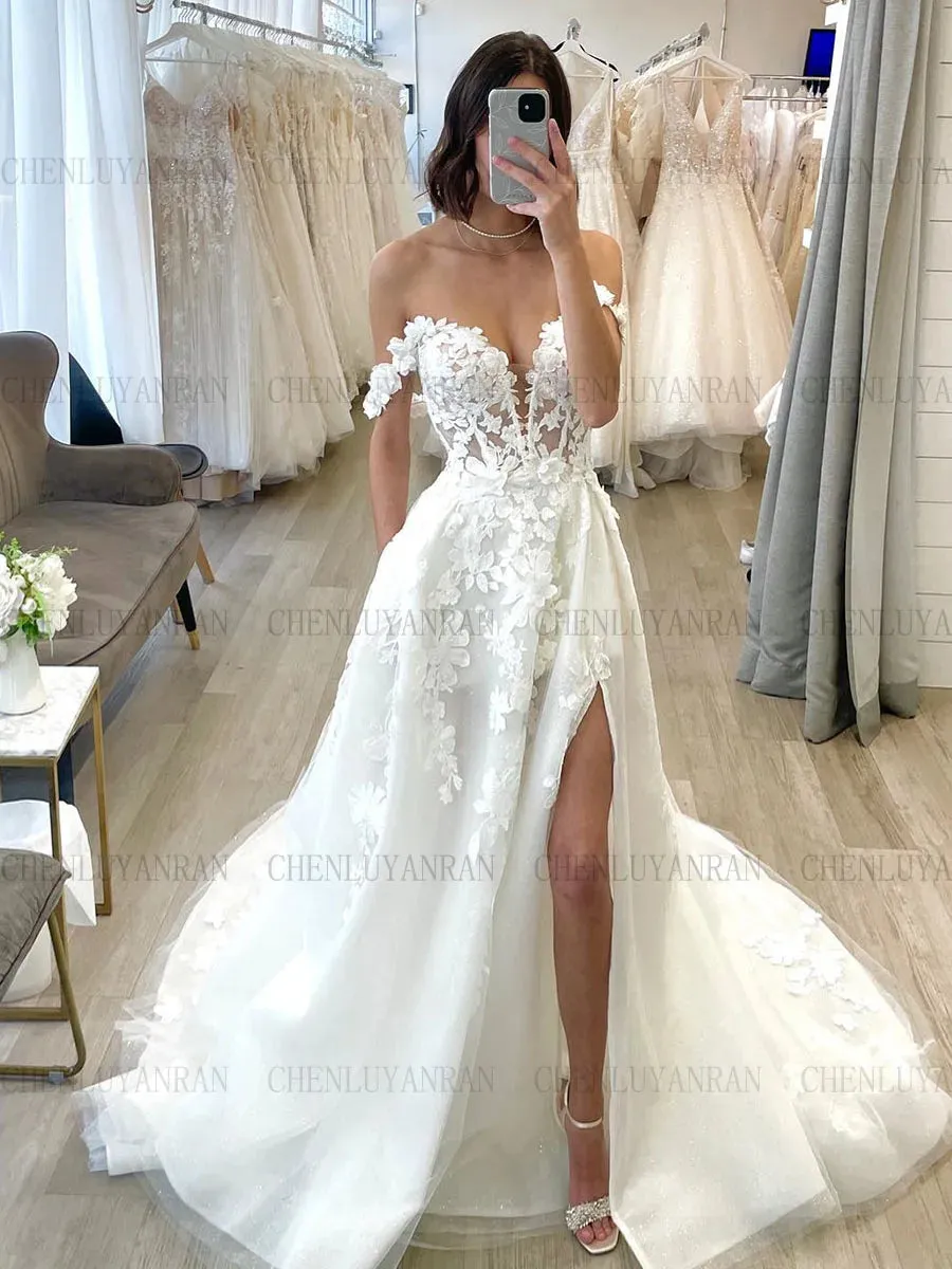 Ivory Wedding Dresses Applique Off-Shoulder Long Bride Dresses Side Split Dresses