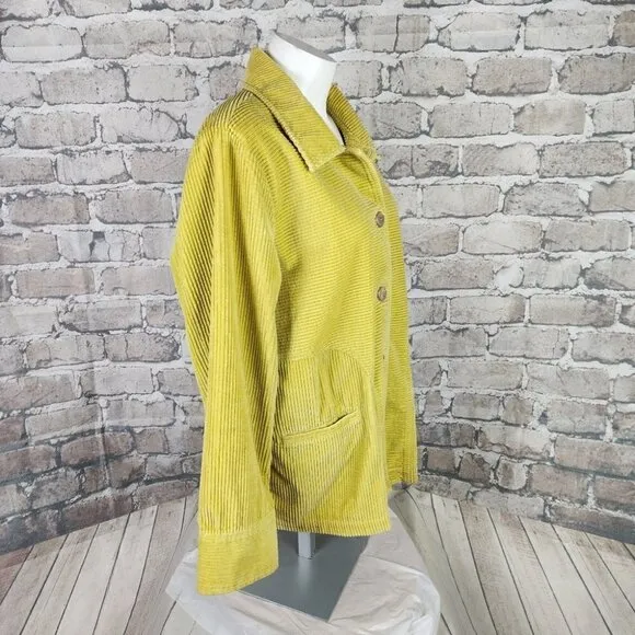 J Jill Wide Cord Button Front Shacket Citron Yellow Size Medium Boho Casual