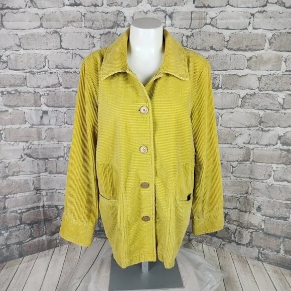 J Jill Wide Cord Button Front Shacket Citron Yellow Size Medium Boho Casual