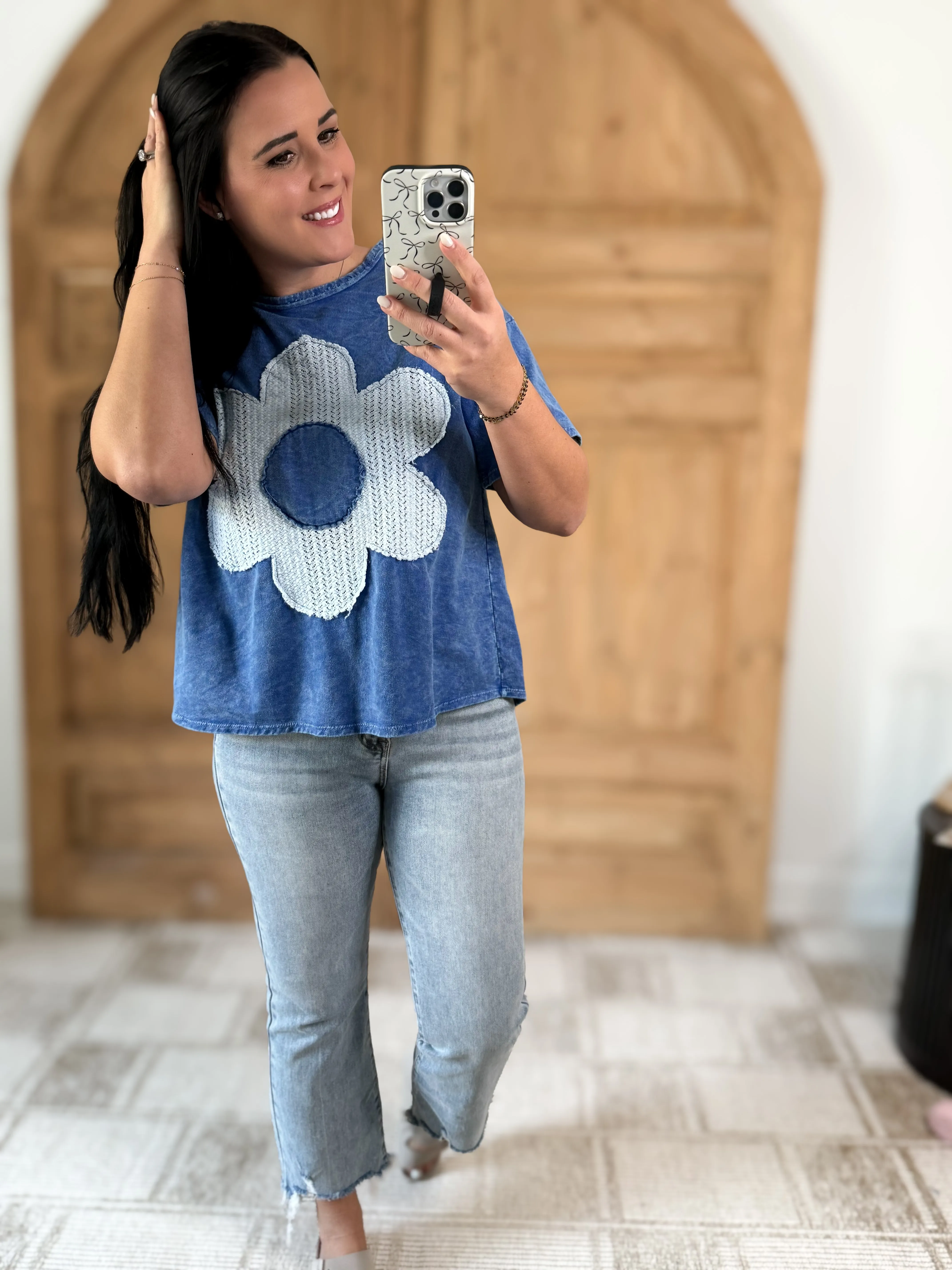 J.HER MINERAL WASHED FLOWER PATCH COTTON T-SHIRT COBALT