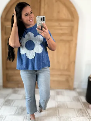 J.HER MINERAL WASHED FLOWER PATCH COTTON T-SHIRT COBALT