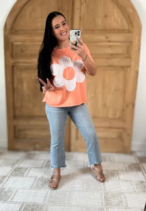 J.HER MINERAL WASHED FLOWER PATCH COTTON T-SHIRT PAPAYA
