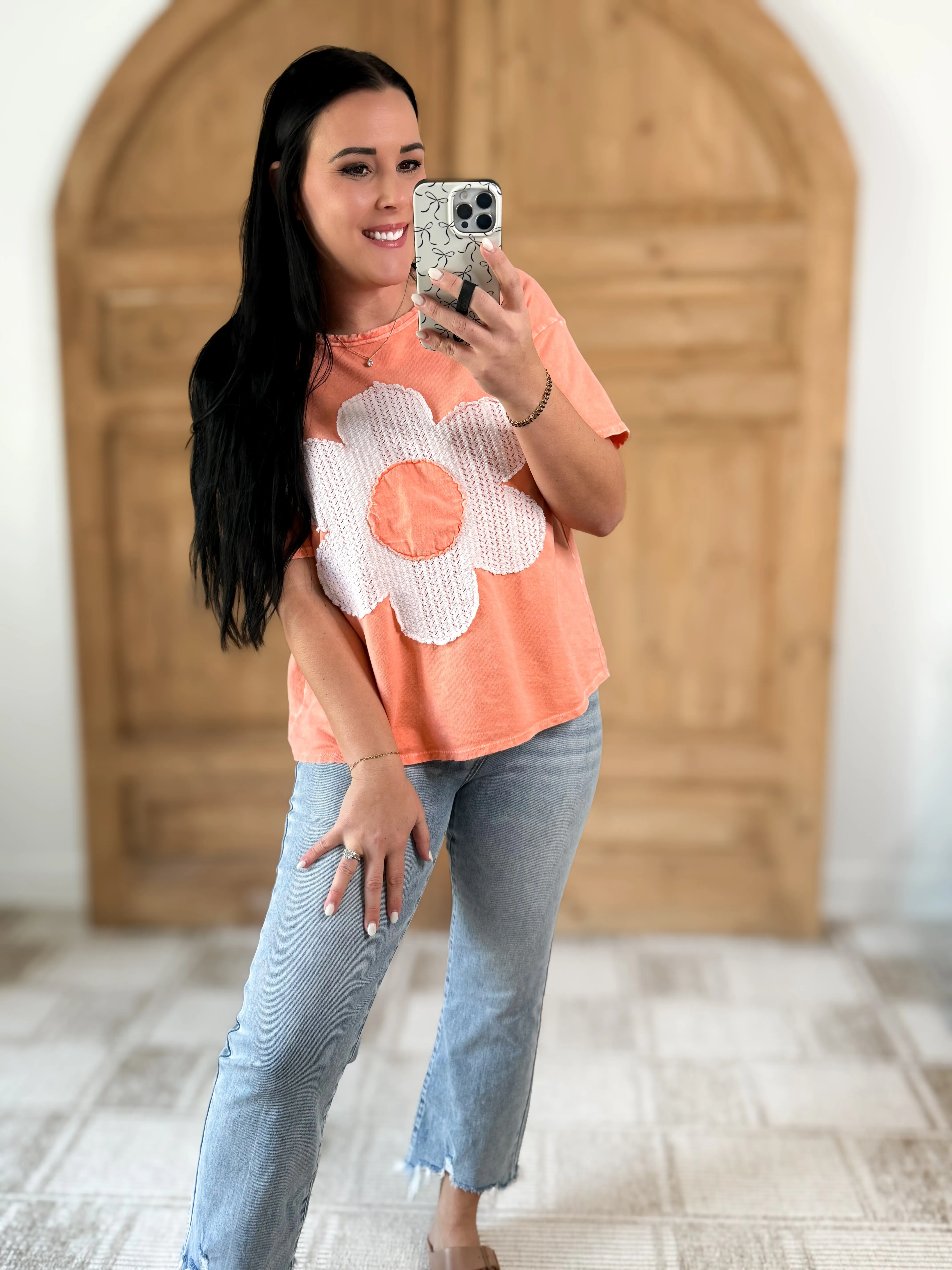 J.HER MINERAL WASHED FLOWER PATCH COTTON T-SHIRT PAPAYA