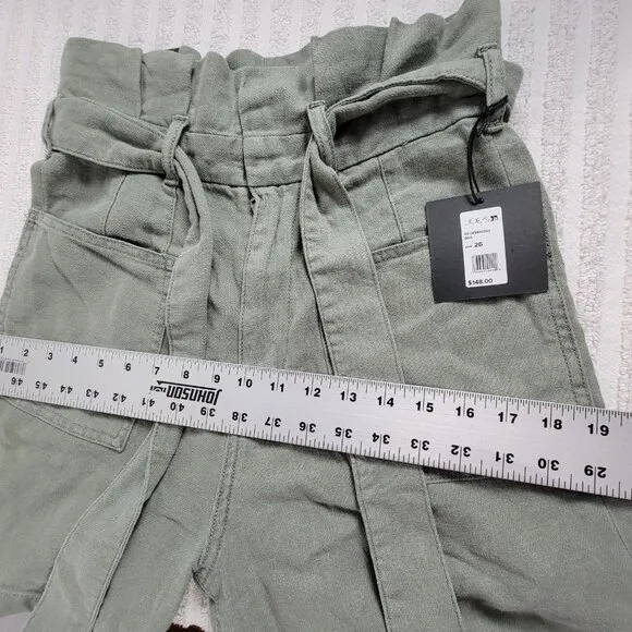 Joe's Womens Size 26 Green Linen Blend Paperbag Shorts Belted Pockets New $148