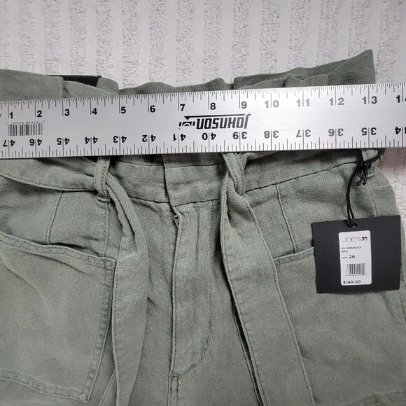 Joe's Womens Size 26 Green Linen Blend Paperbag Shorts Belted Pockets New $148