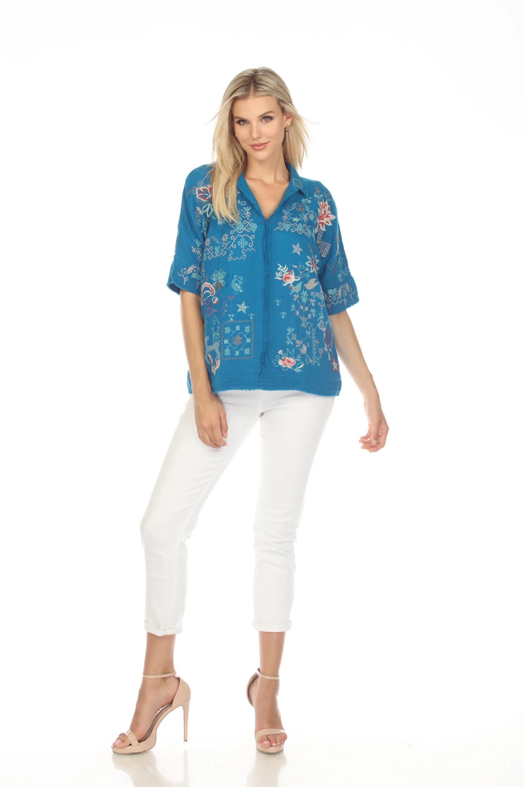 Johnny Was Biya Wodeleah Embroidered Short Sleeve Blouse Boho Chic B10423 *