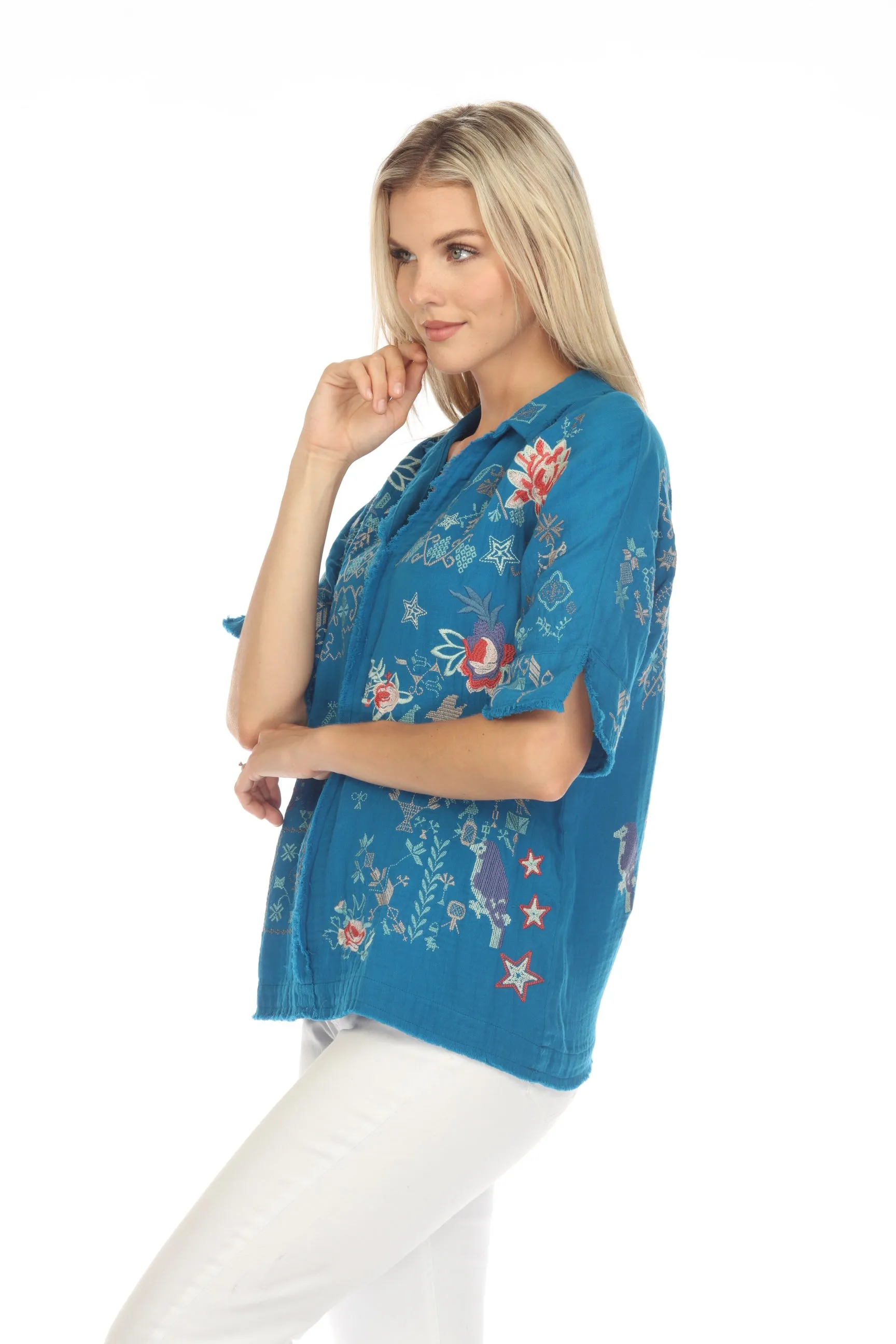 Johnny Was Biya Wodeleah Embroidered Short Sleeve Blouse Boho Chic B10423 *