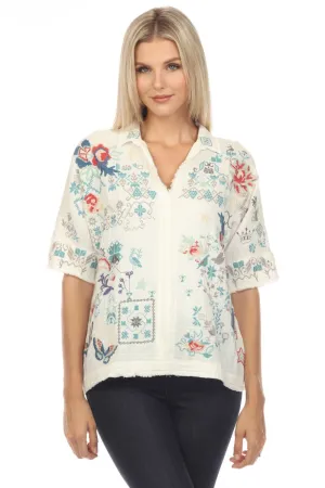Johnny Was Biya Wodeleah Embroidered Short Sleeve Blouse Boho Chic B10423 *