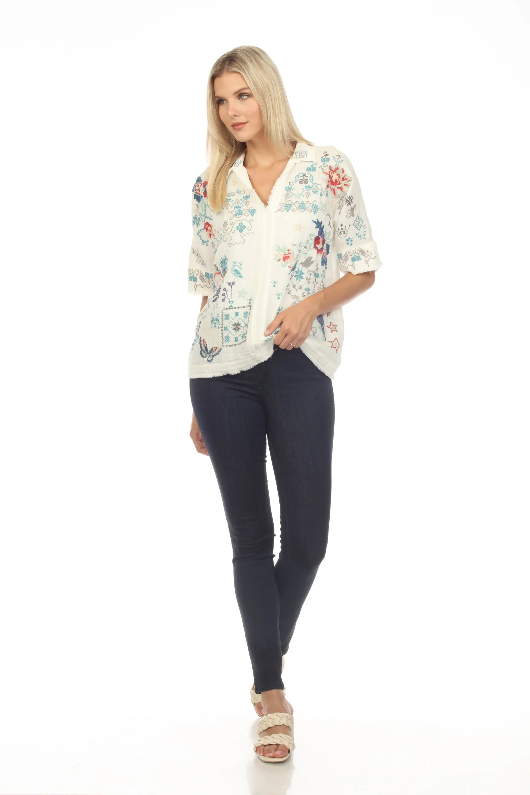 Johnny Was Biya Wodeleah Embroidered Short Sleeve Blouse Boho Chic B10423 *