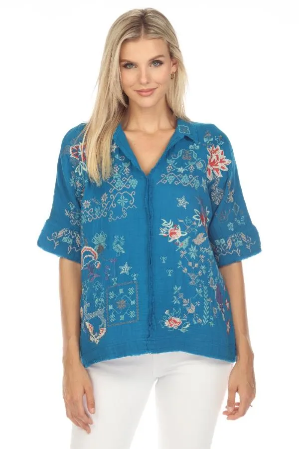 Johnny Was Biya Wodeleah Embroidered Short Sleeve Blouse Boho Chic B10423 *