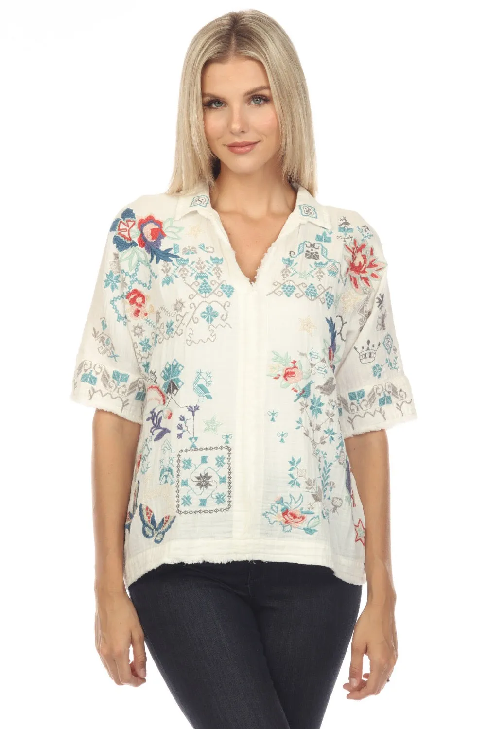 Johnny Was Biya Wodeleah Embroidered Short Sleeve Blouse Boho Chic B10423 *