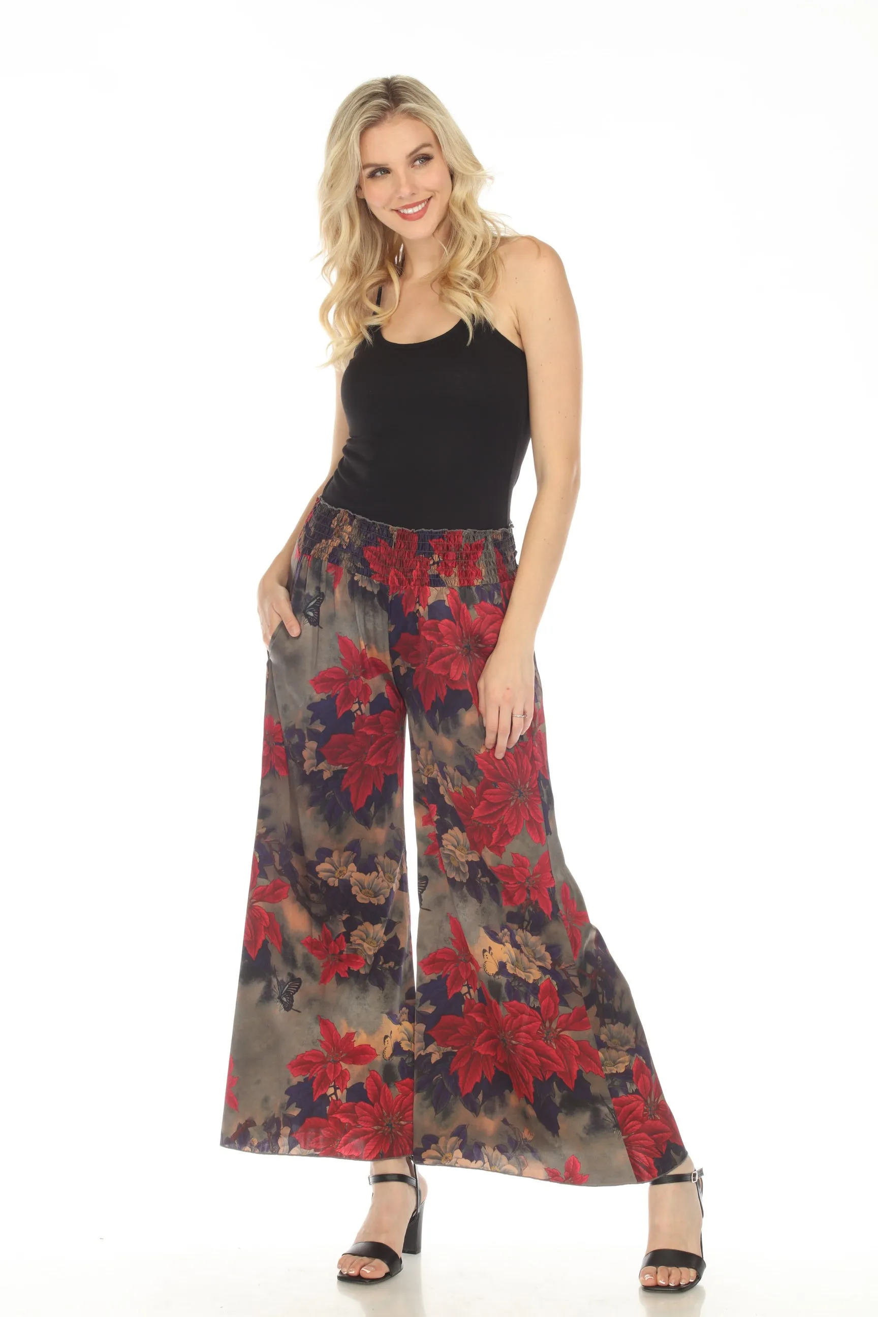 Johnny Was Claret Rachel Silk Blend Floral Wide Leg Pants Boho Chic C61722AO
