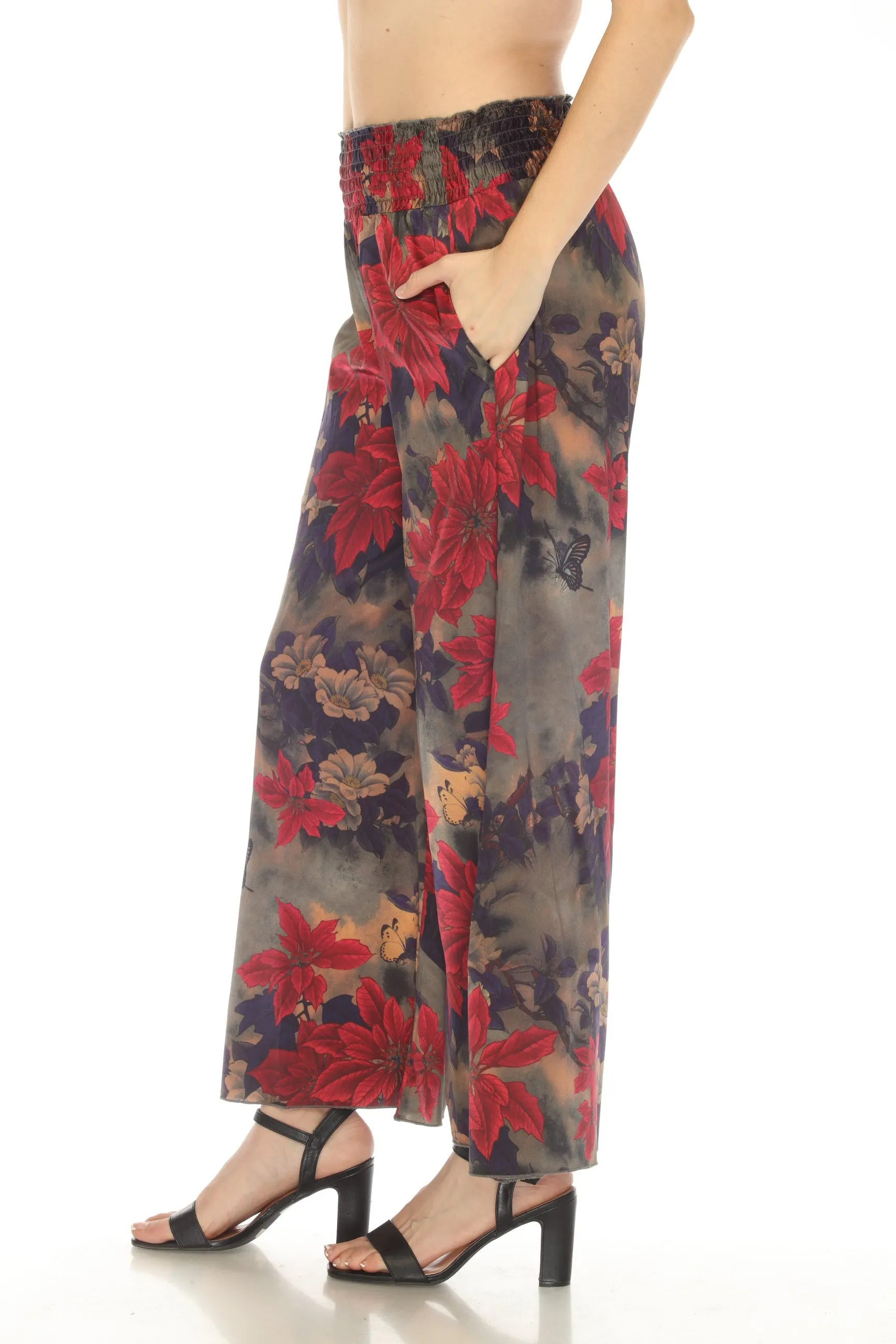 Johnny Was Claret Rachel Silk Blend Floral Wide Leg Pants Boho Chic C61722AO