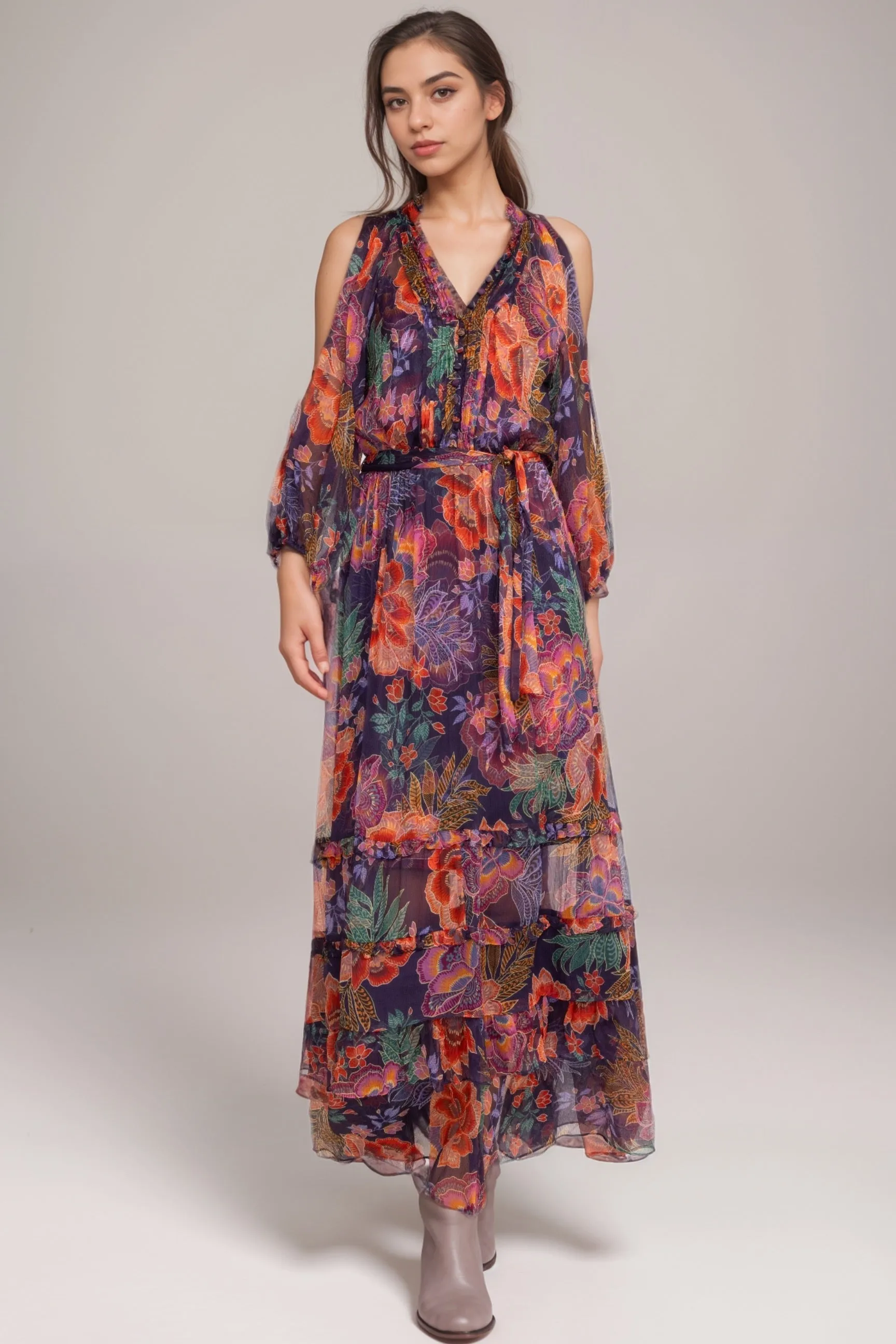 Johnny Was Jade Ashlee Cold Shoulder Silk Maxi Dress L34224-7