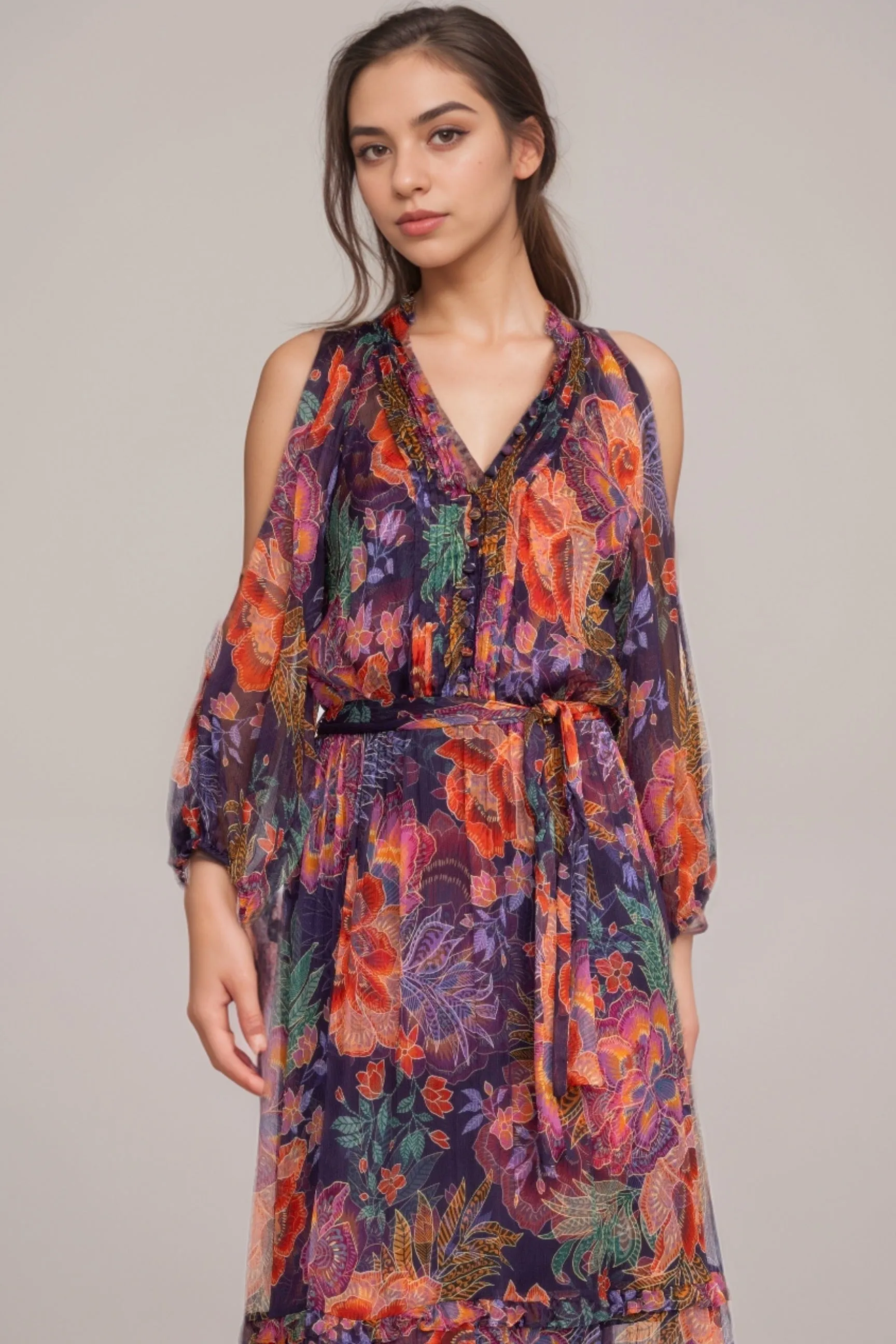 Johnny Was Jade Ashlee Cold Shoulder Silk Maxi Dress L34224-7