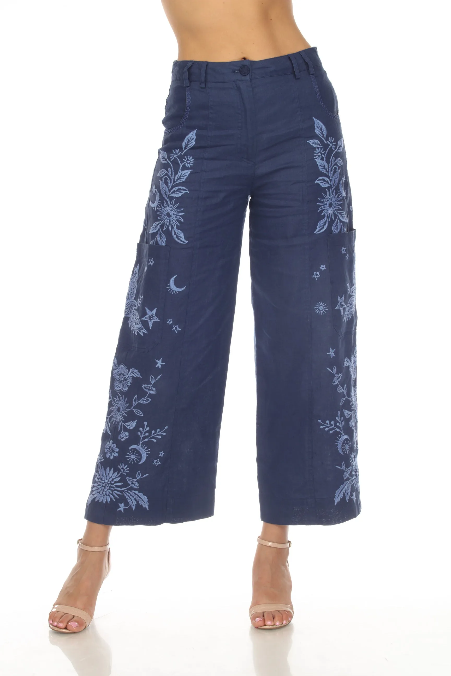 Johnny Was JWLA Oleander Linen Wide Leg Cropped Pants Boho Chic J67323 *