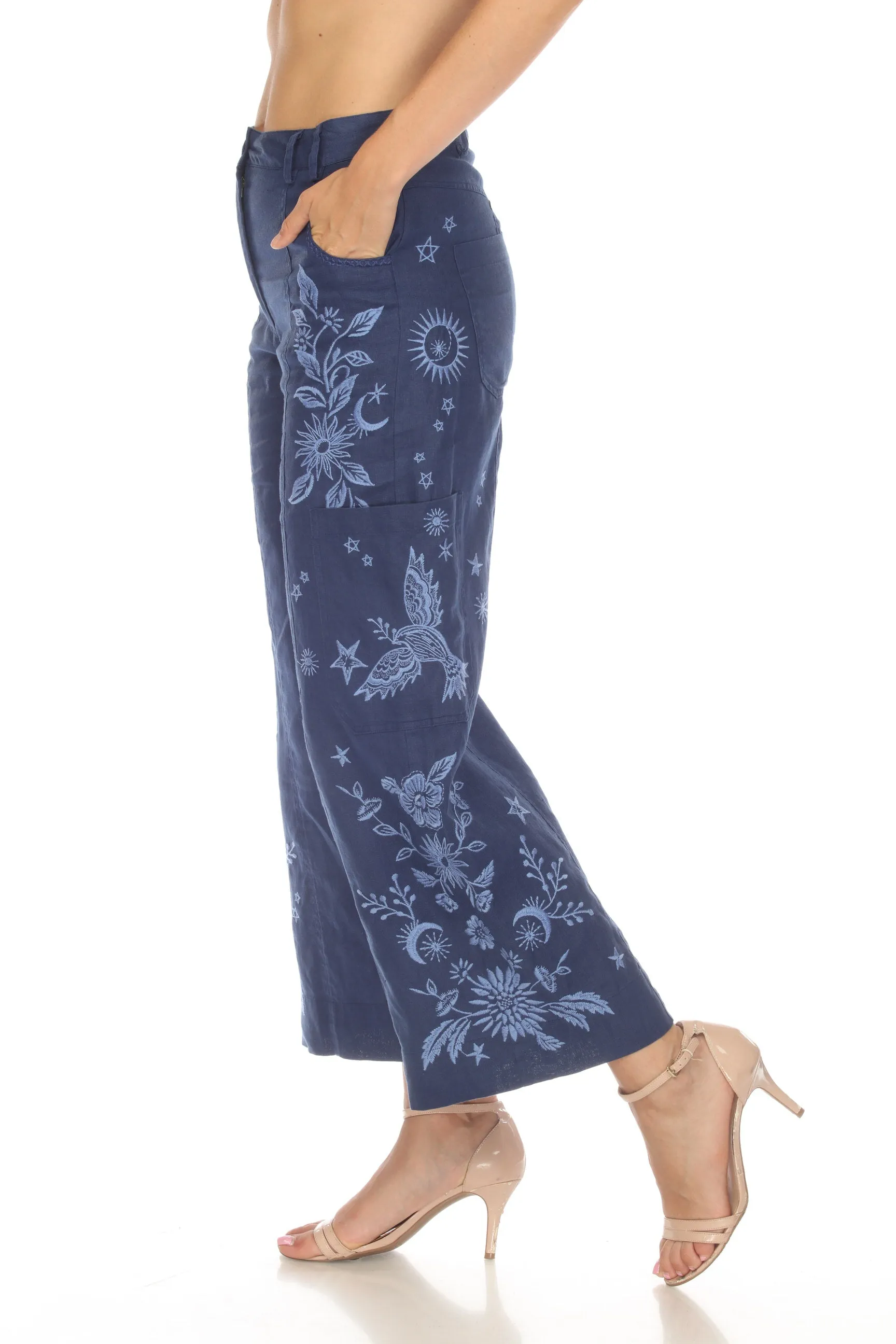 Johnny Was JWLA Oleander Linen Wide Leg Cropped Pants Boho Chic J67323 *