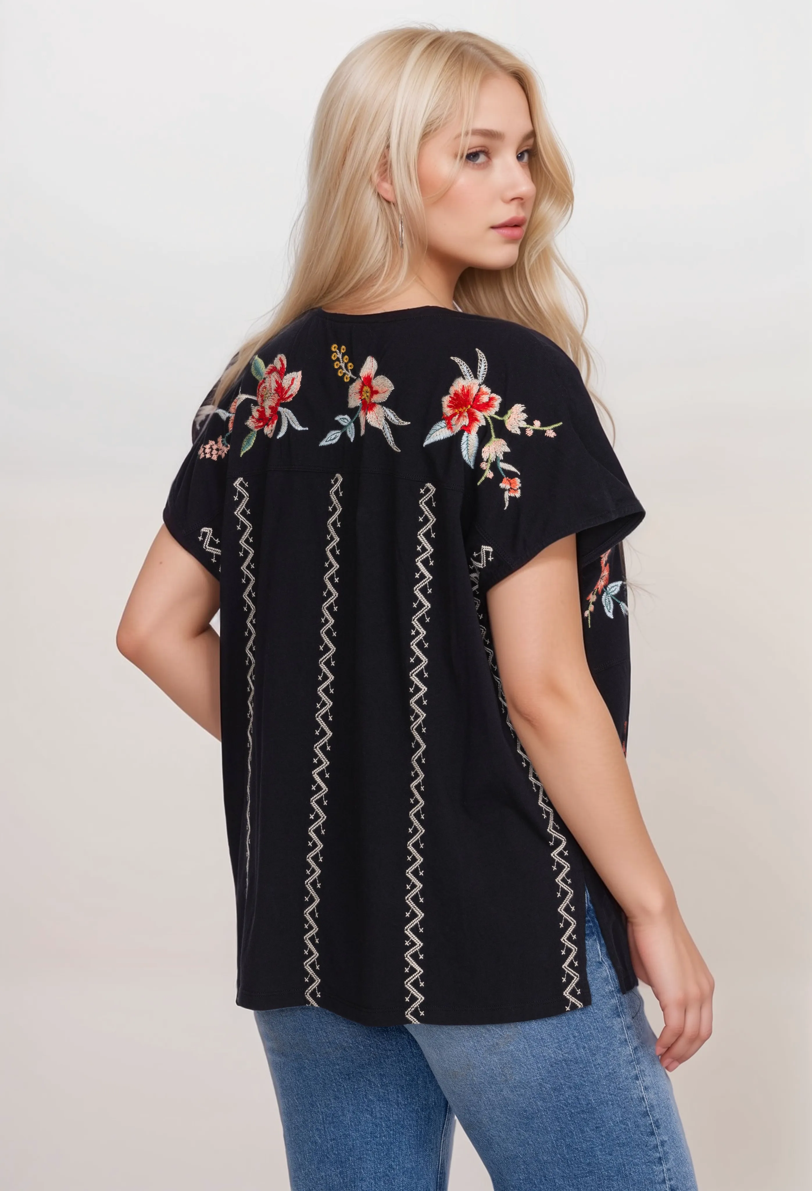 Johnny Was JWLA Paneled Knit Embroidered Tee Boho Chic J15224 **