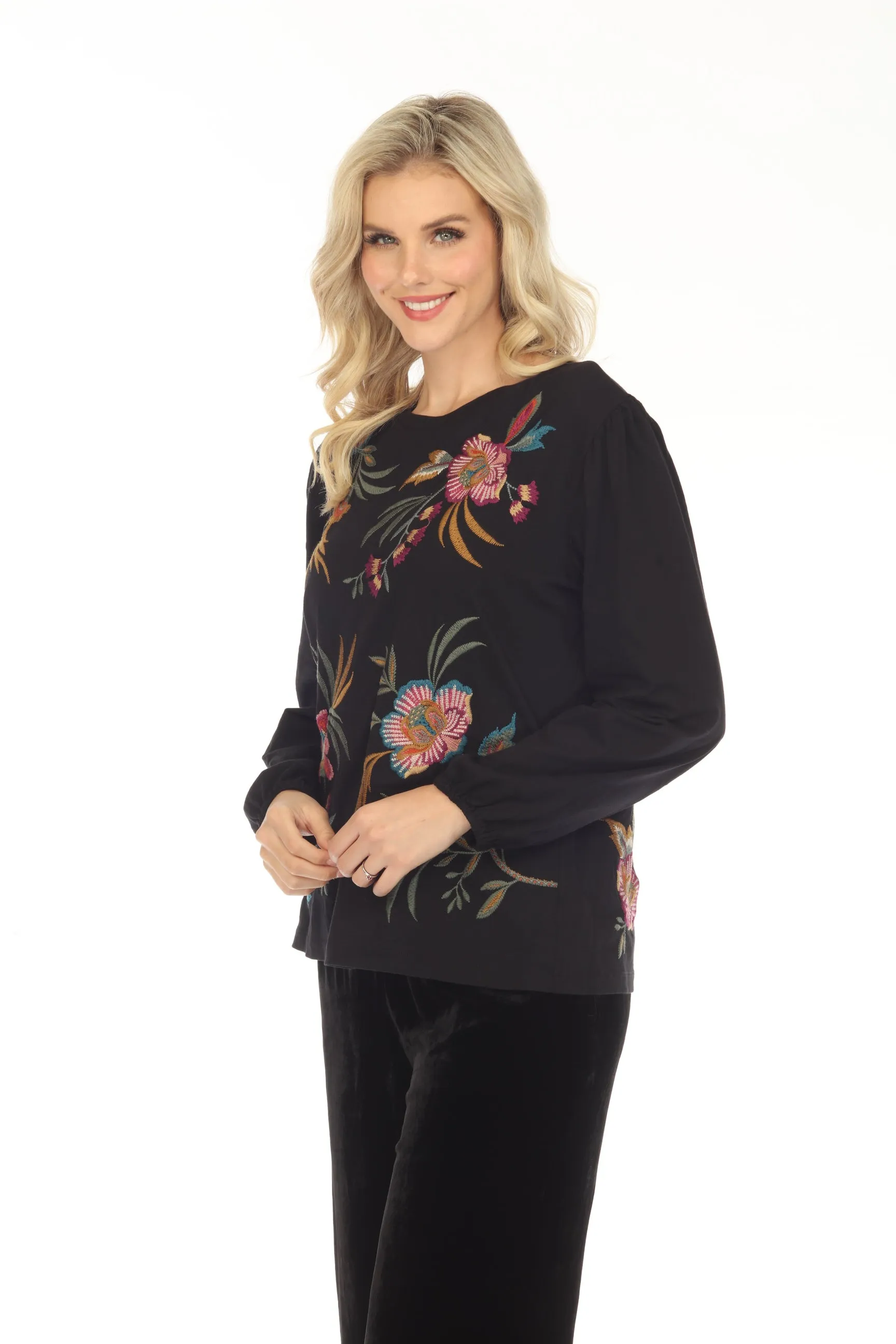 Johnny Was JWLA Sidonia Embroidered Bishop Sleeve Tee J11923 Boho Chic *