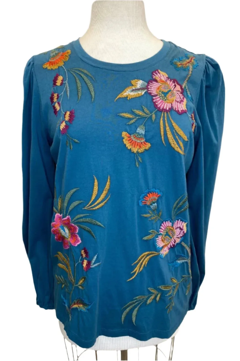 Johnny Was JWLA Sidonia Embroidered Bishop Sleeve Tee J11923 Boho Chic *