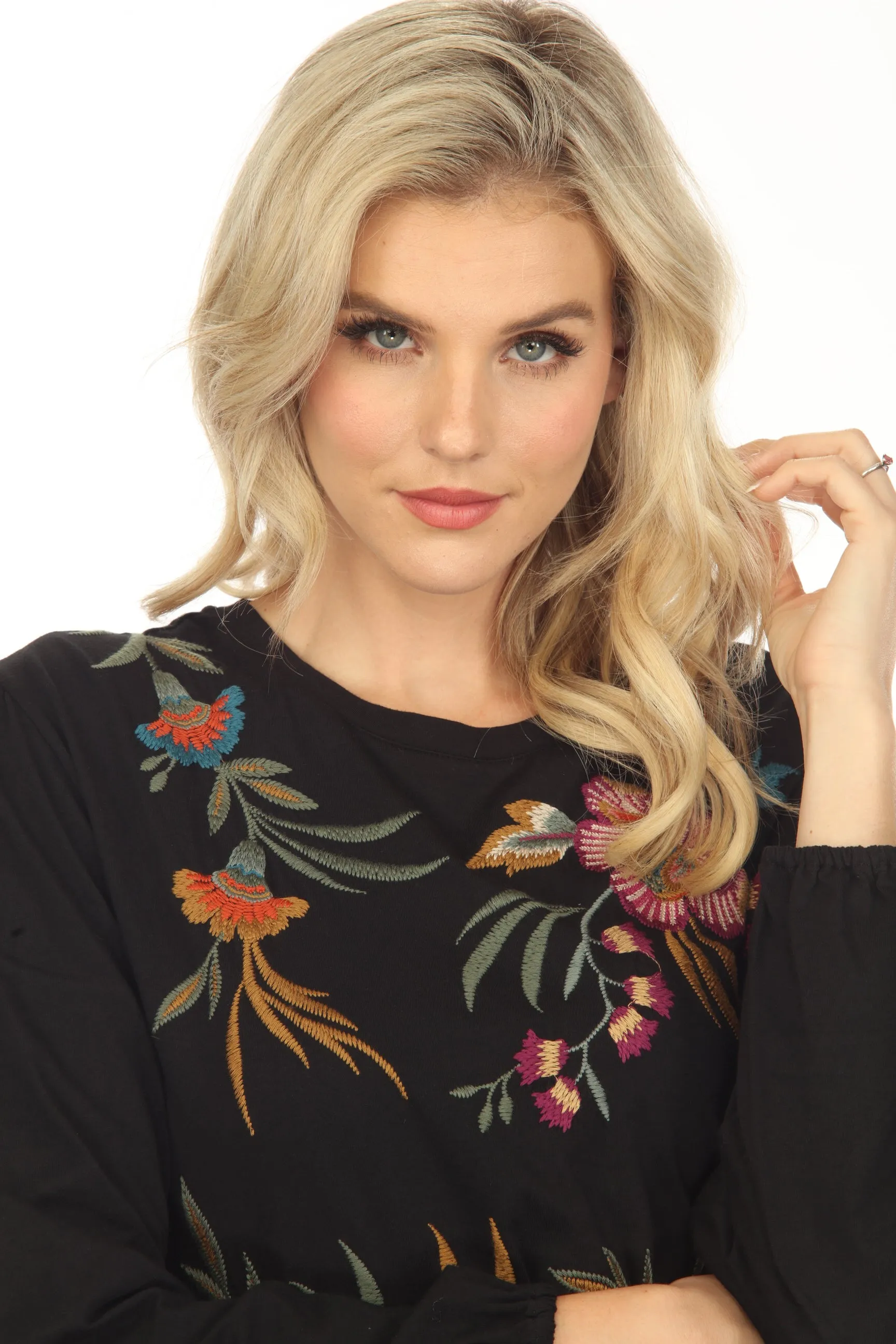Johnny Was JWLA Sidonia Embroidered Bishop Sleeve Tee J11923 Boho Chic *