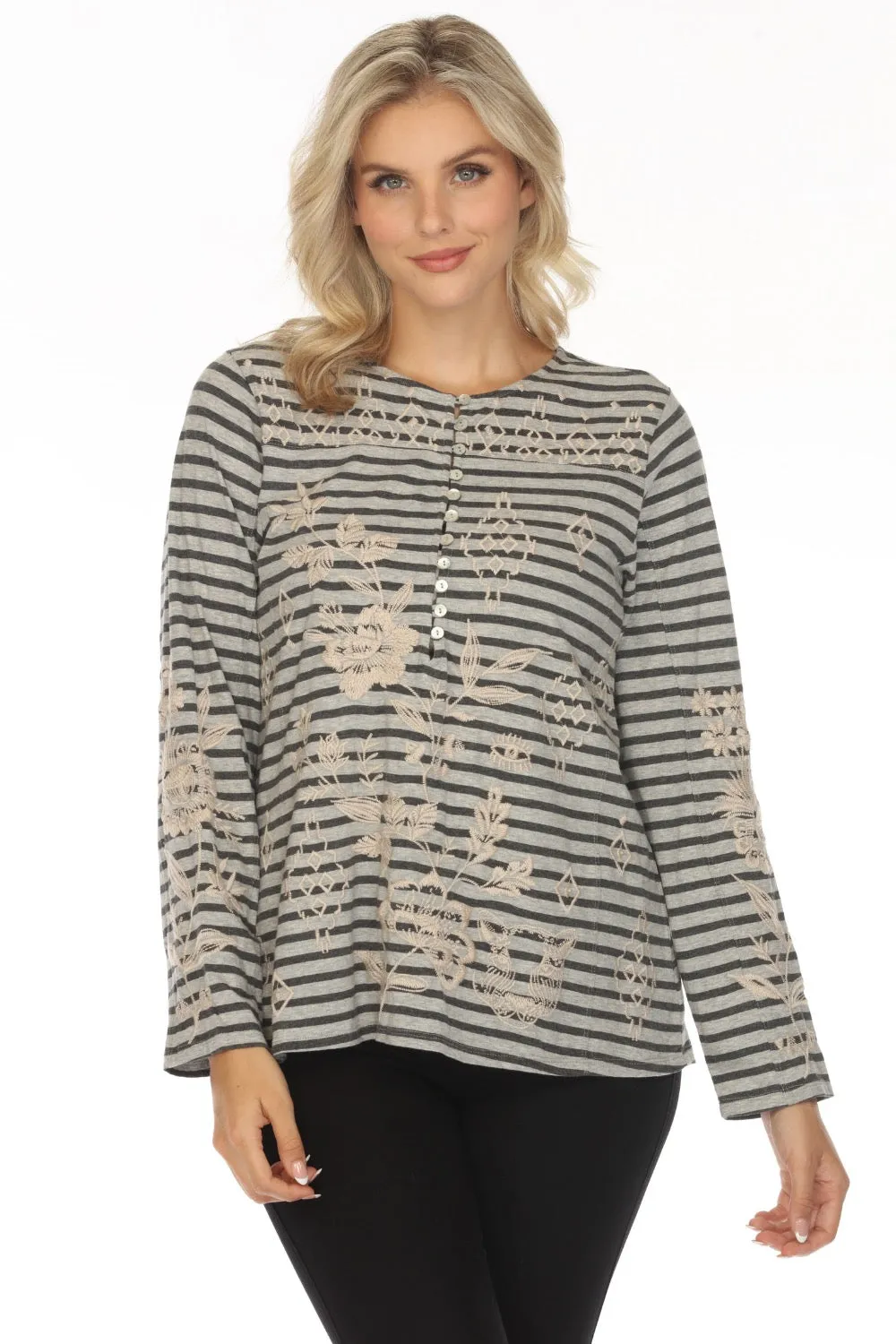 Johnny Was JWLA Stripe Embroidered Long Sleeve Top J11523 Boho Chic