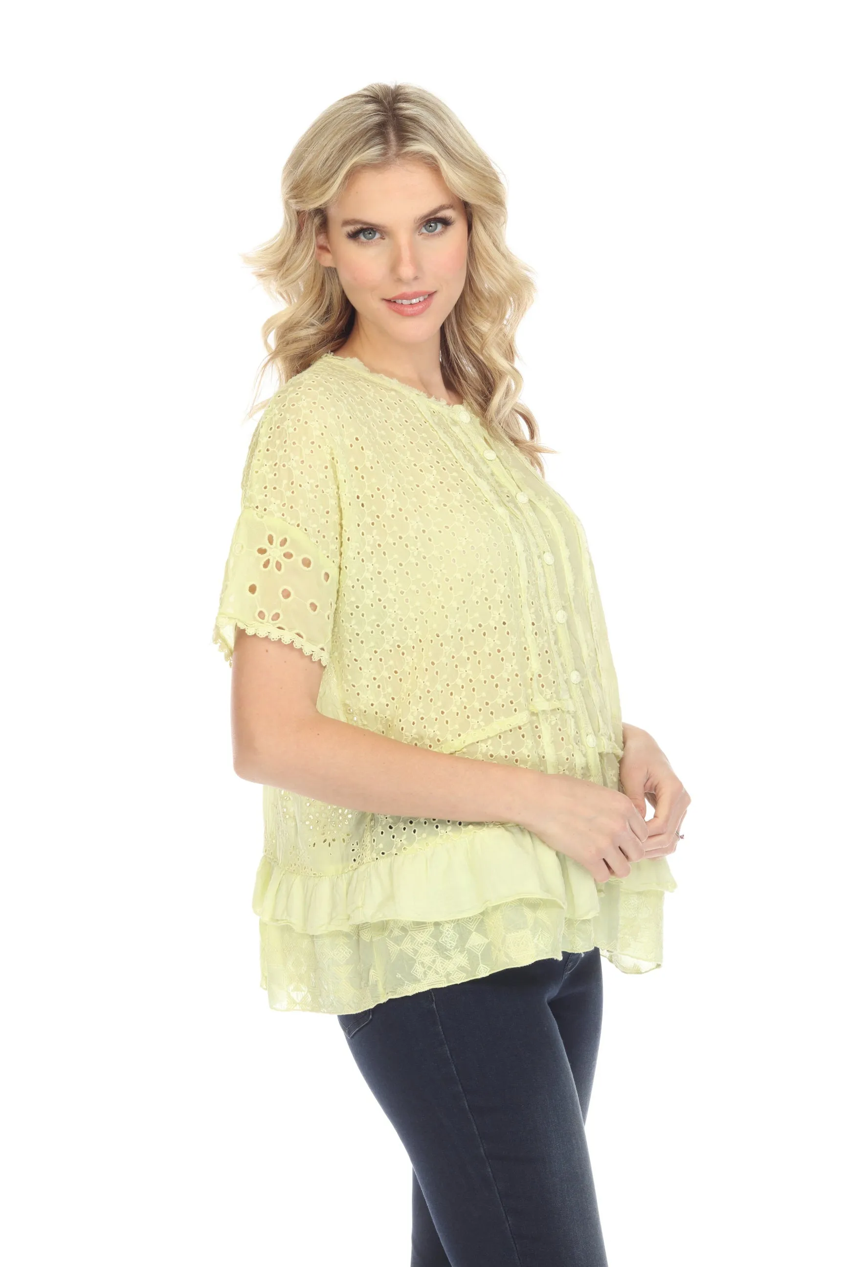 Johnny Was Light Green Hyacinth Eyelet Embroidered Blouse Boho Chic C18822