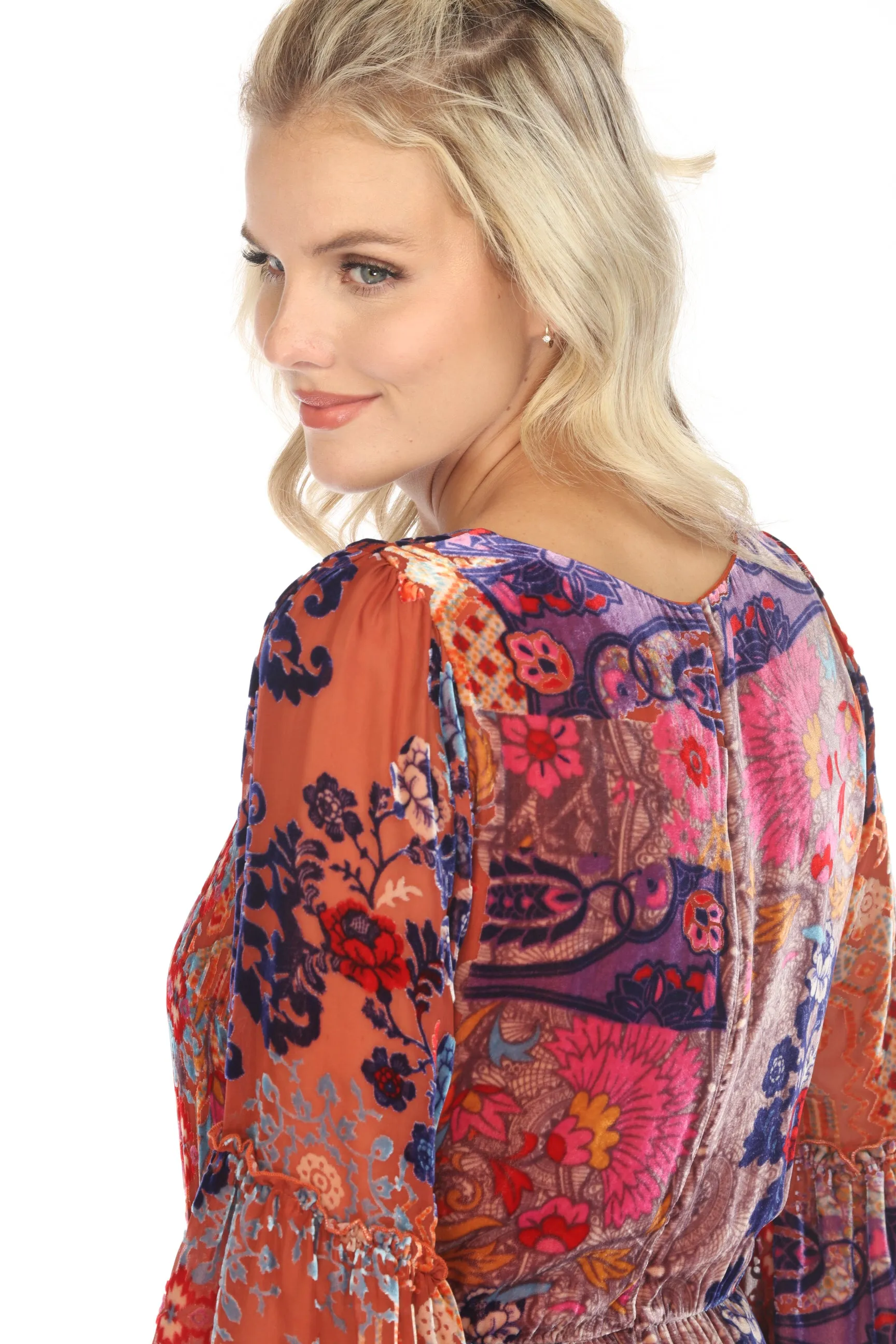 Johnny Was Syriah Patchwork Burnout Tanya Midi Dress C30723AO Boho Chic