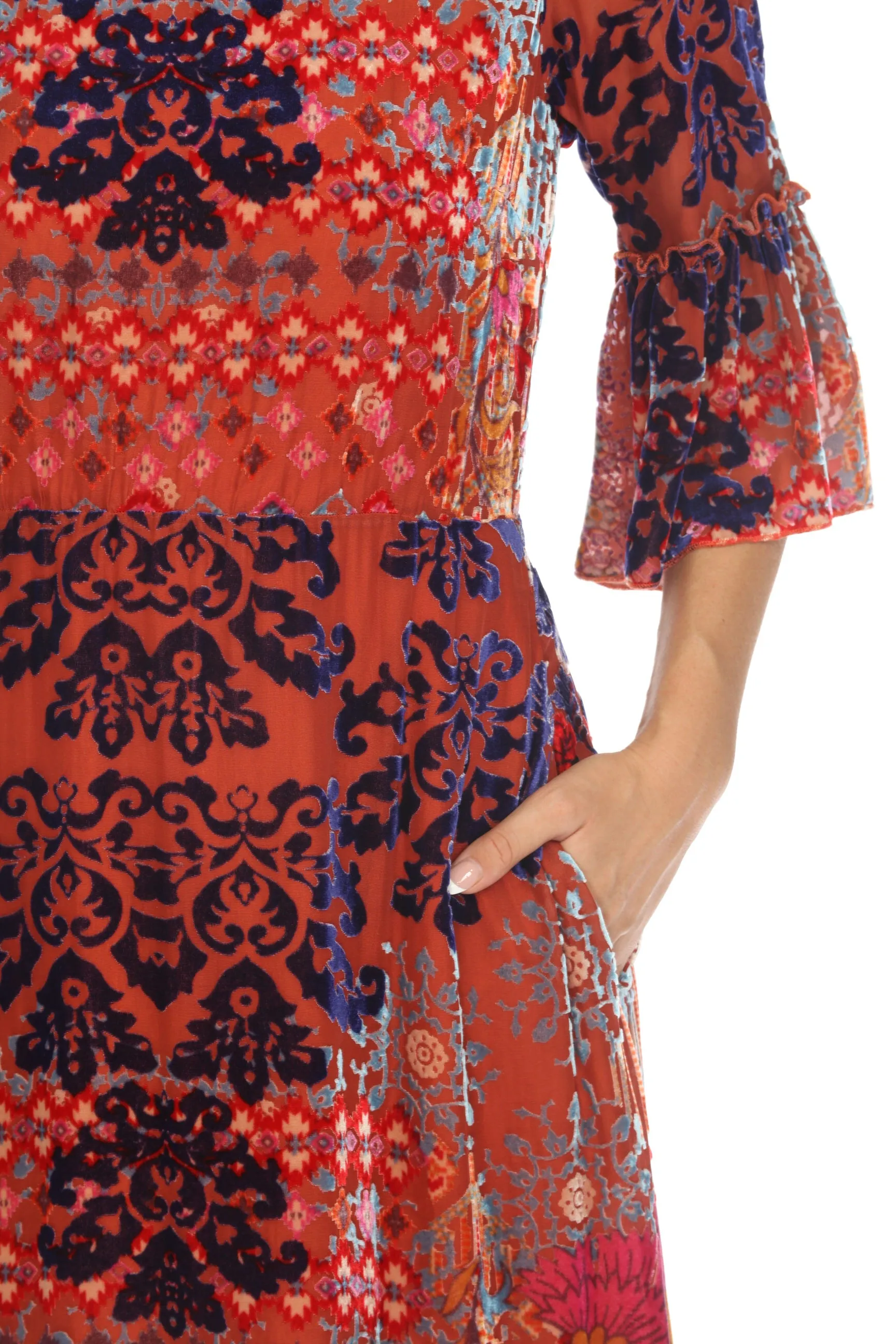 Johnny Was Syriah Patchwork Burnout Tanya Midi Dress C30723AO Boho Chic