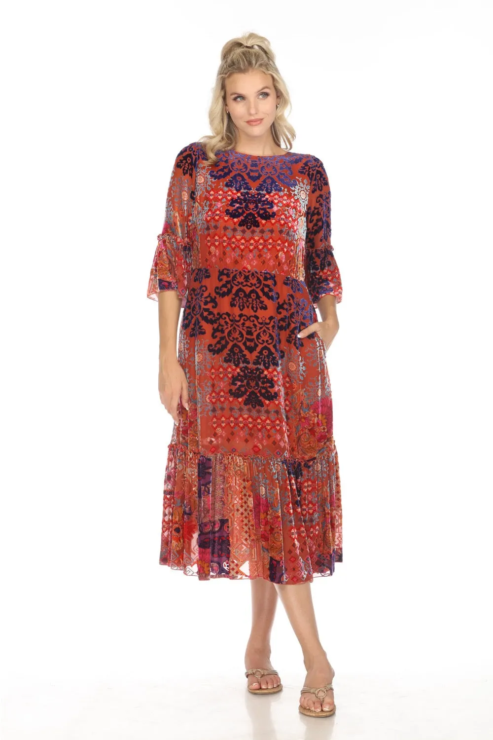 Johnny Was Syriah Patchwork Burnout Tanya Midi Dress C30723AO Boho Chic
