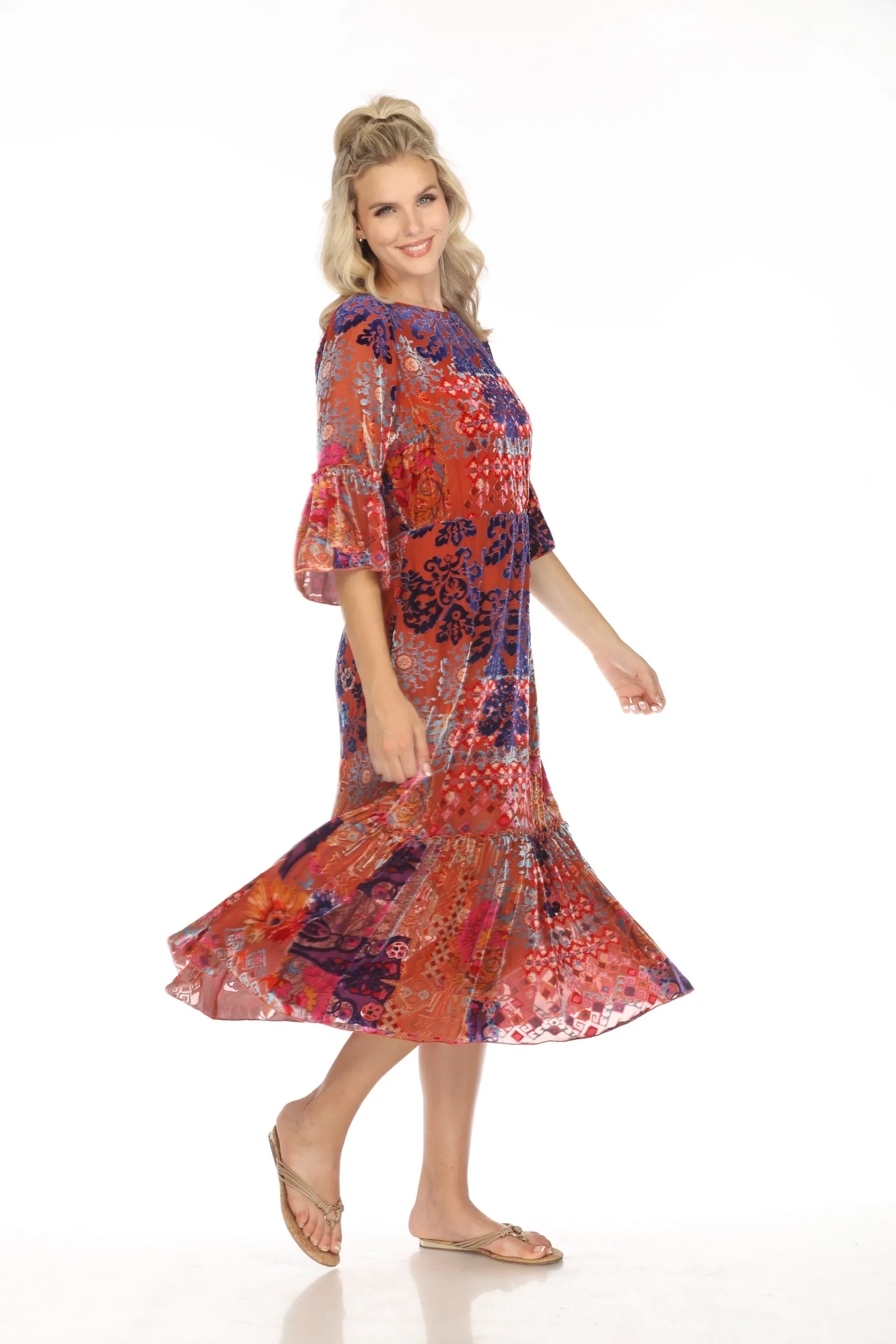 Johnny Was Syriah Patchwork Burnout Tanya Midi Dress C30723AO Boho Chic