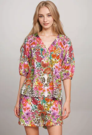 Johnny Was Wild Garden Puff Sleeve Button Front Blouse R14223 Boho Chic