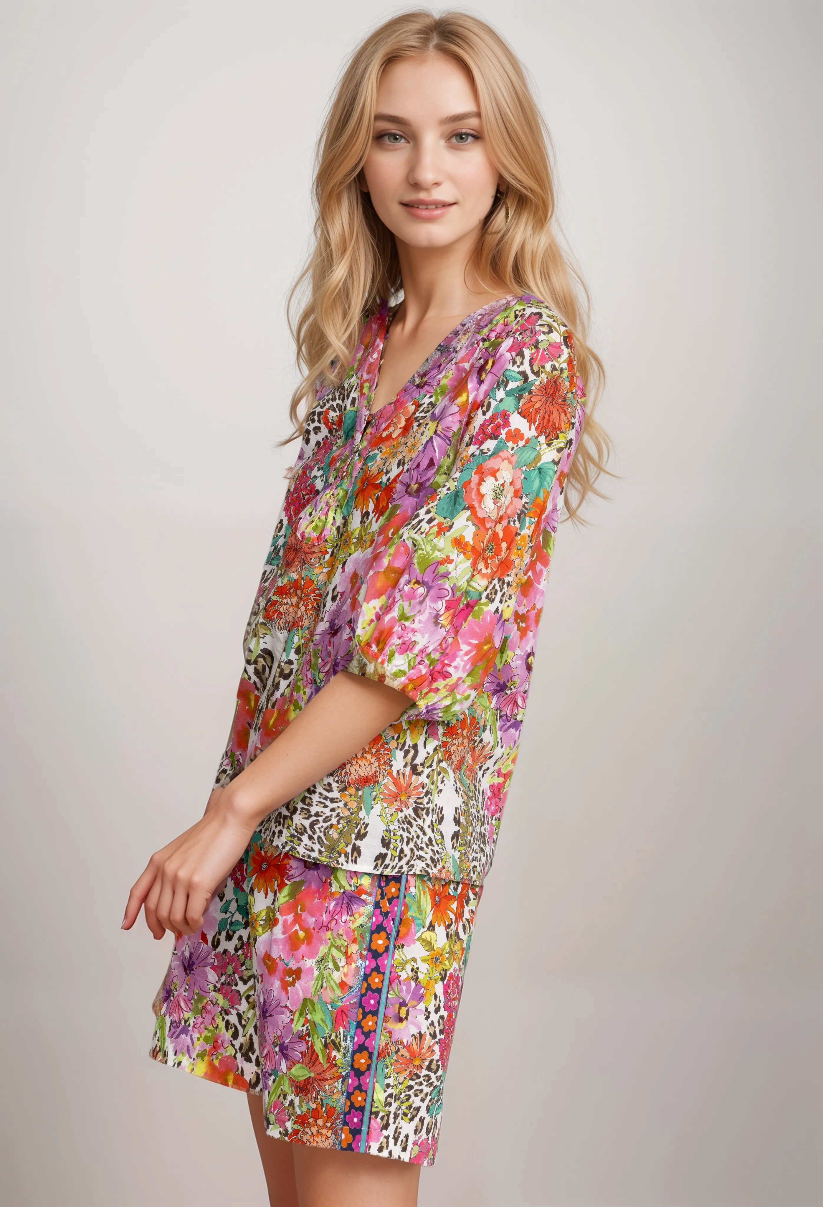 Johnny Was Wild Garden Puff Sleeve Button Front Blouse R14223 Boho Chic