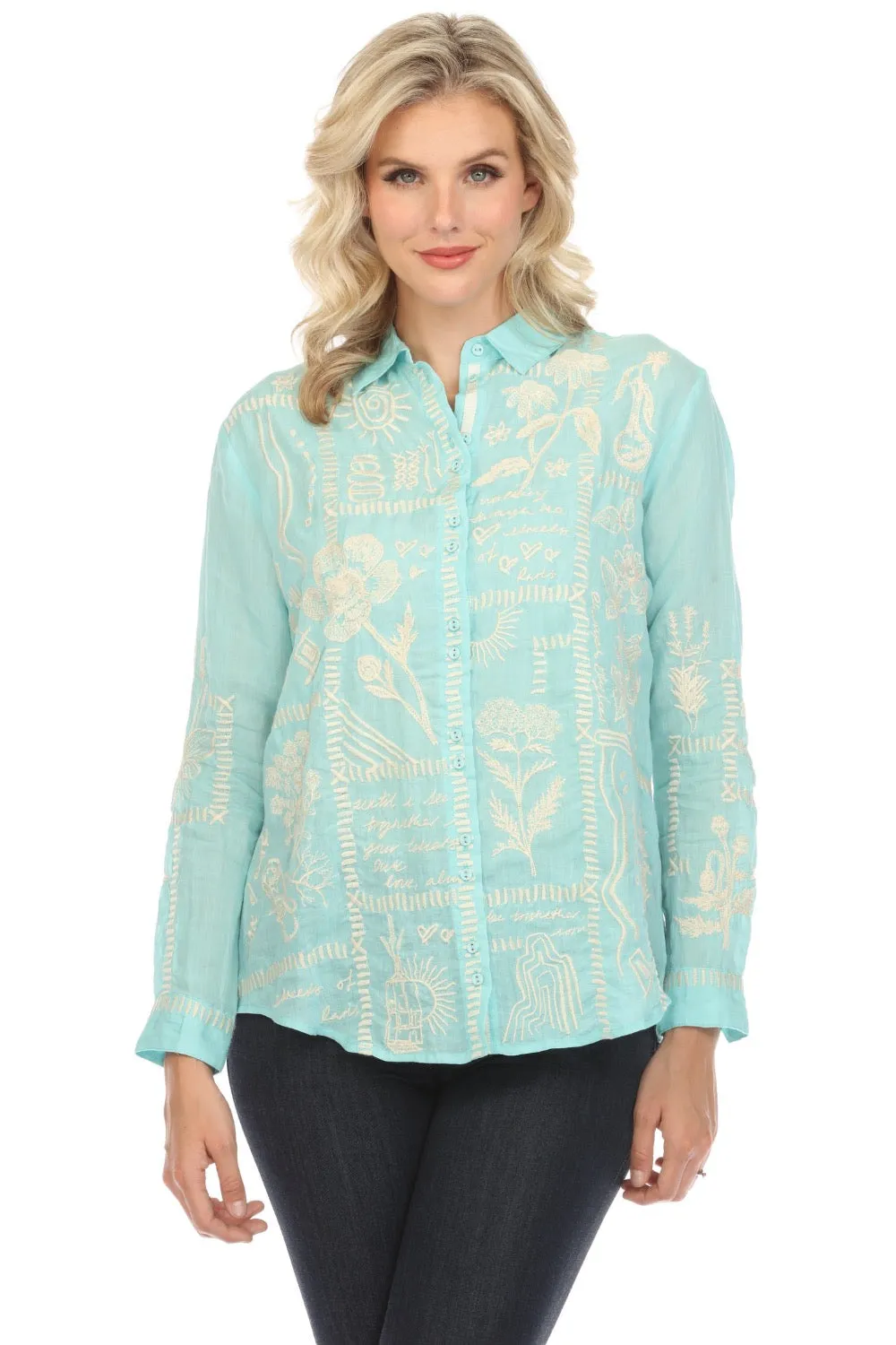 Johnny Was Workshop Botanique Double Button Oversized Shirt Boho Chic W18424