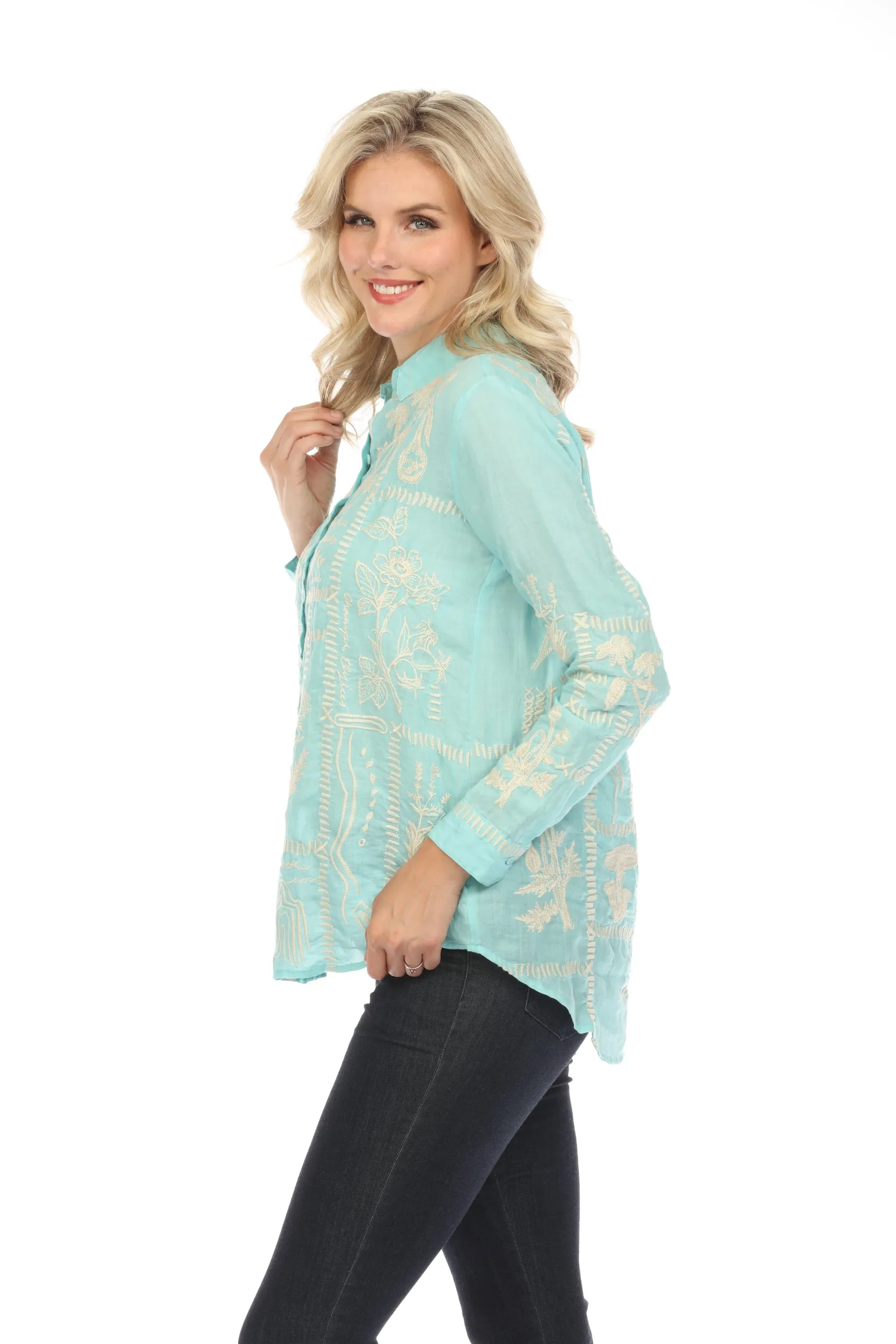 Johnny Was Workshop Botanique Double Button Oversized Shirt Boho Chic W18424